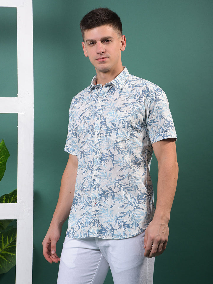 COBB WHITE PRINTED HALF-SLEEVE CASUAL SHIRT