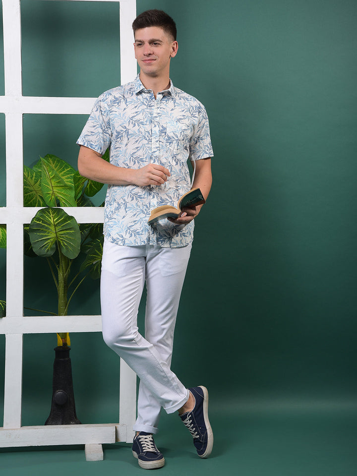 COBB WHITE PRINTED HALF-SLEEVE CASUAL SHIRT