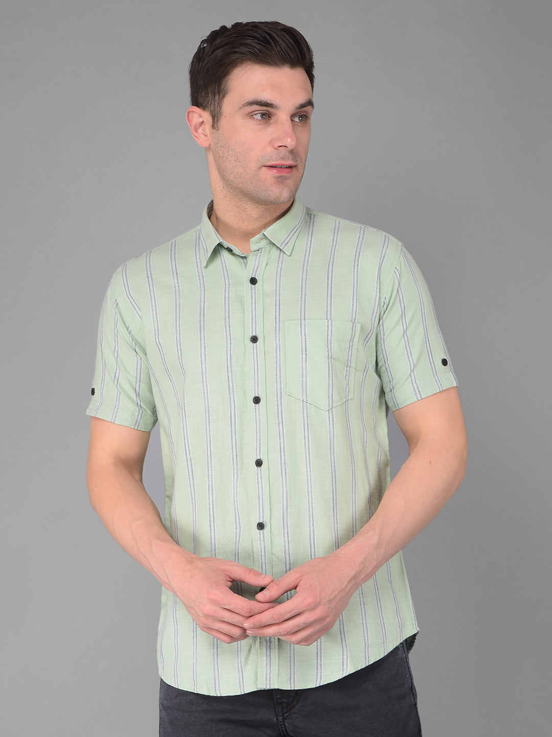 cobb pista green striped half-sleeve slim fit casual shirt