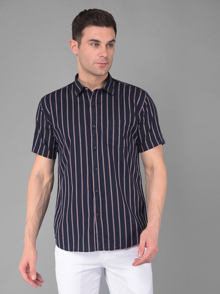 cobb navy blue striped half-sleeve slim fit casual shirt