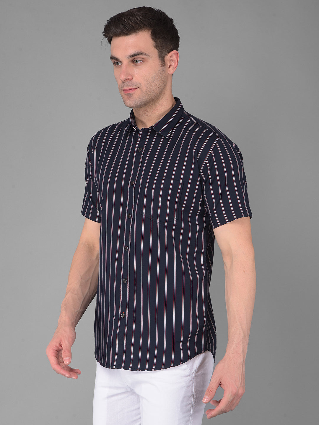 cobb navy blue striped half-sleeve slim fit casual shirt