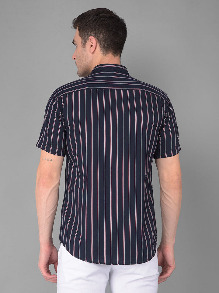 cobb navy blue striped half-sleeve slim fit casual shirt