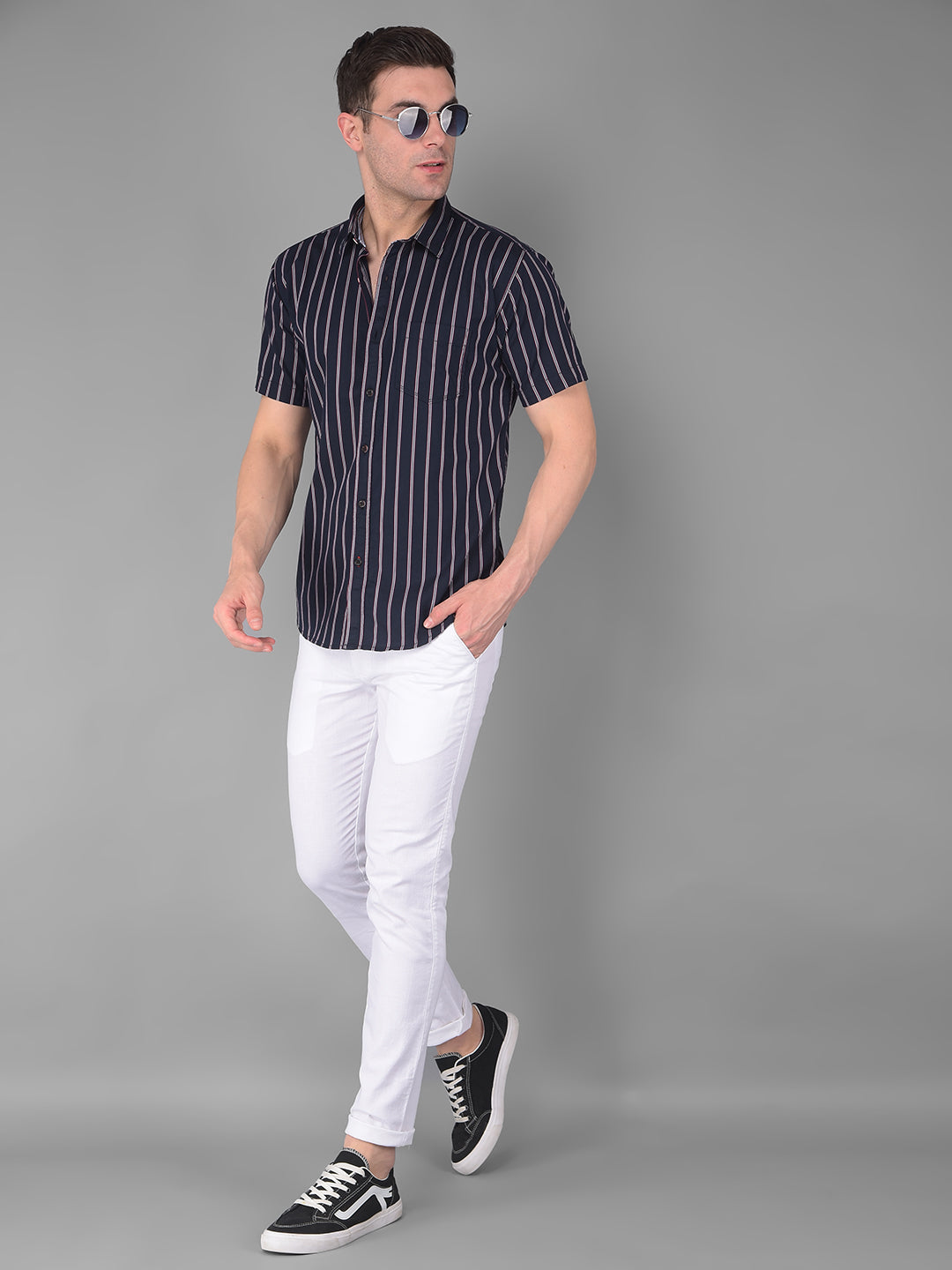 cobb navy blue striped half-sleeve slim fit casual shirt