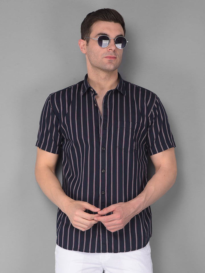 COBB NAVY BLUE STRIPED HALF-SLEEVE SLIM FIT CASUAL SHIRT