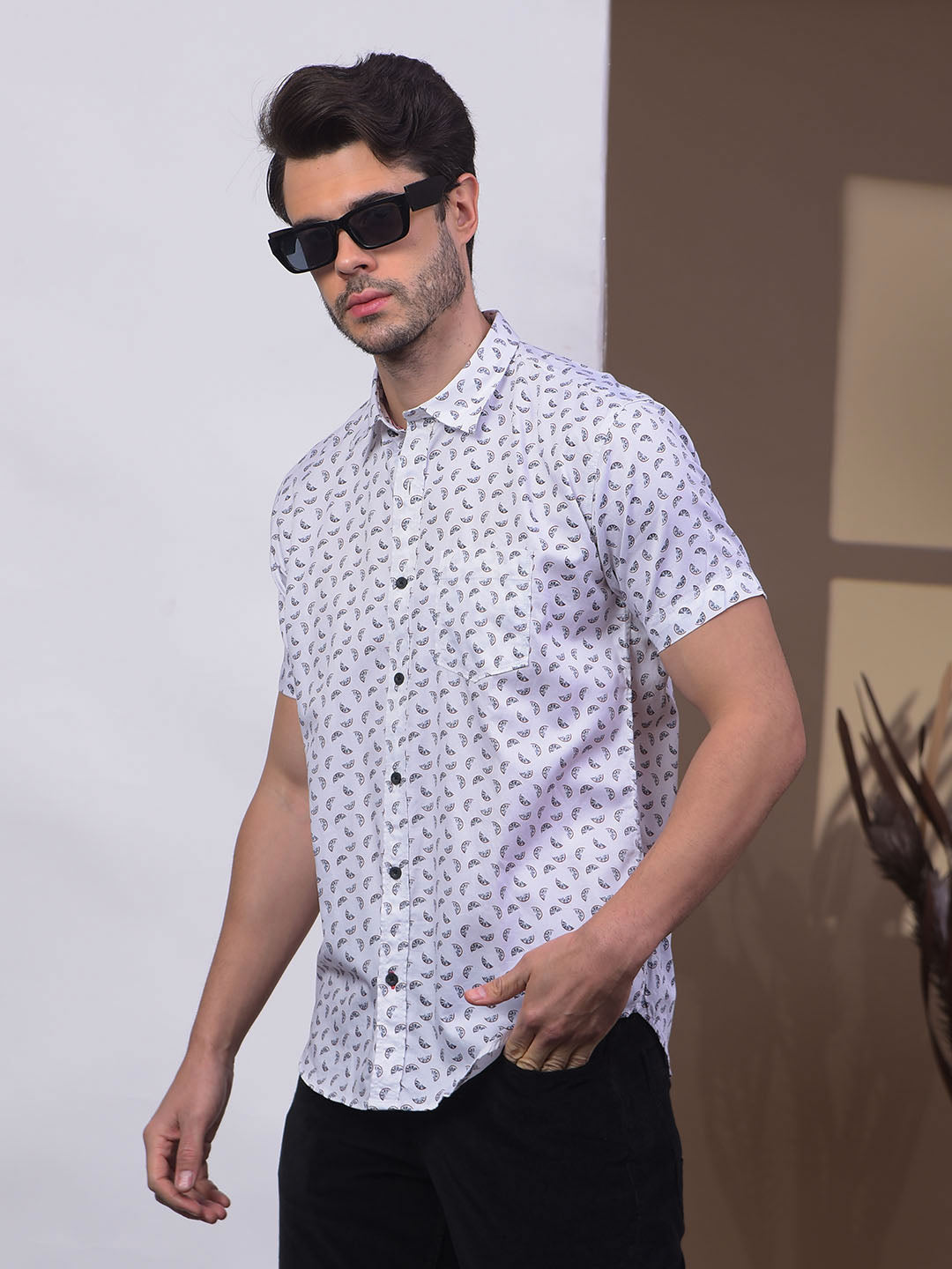 cobb white printed half-sleeve casual shirt