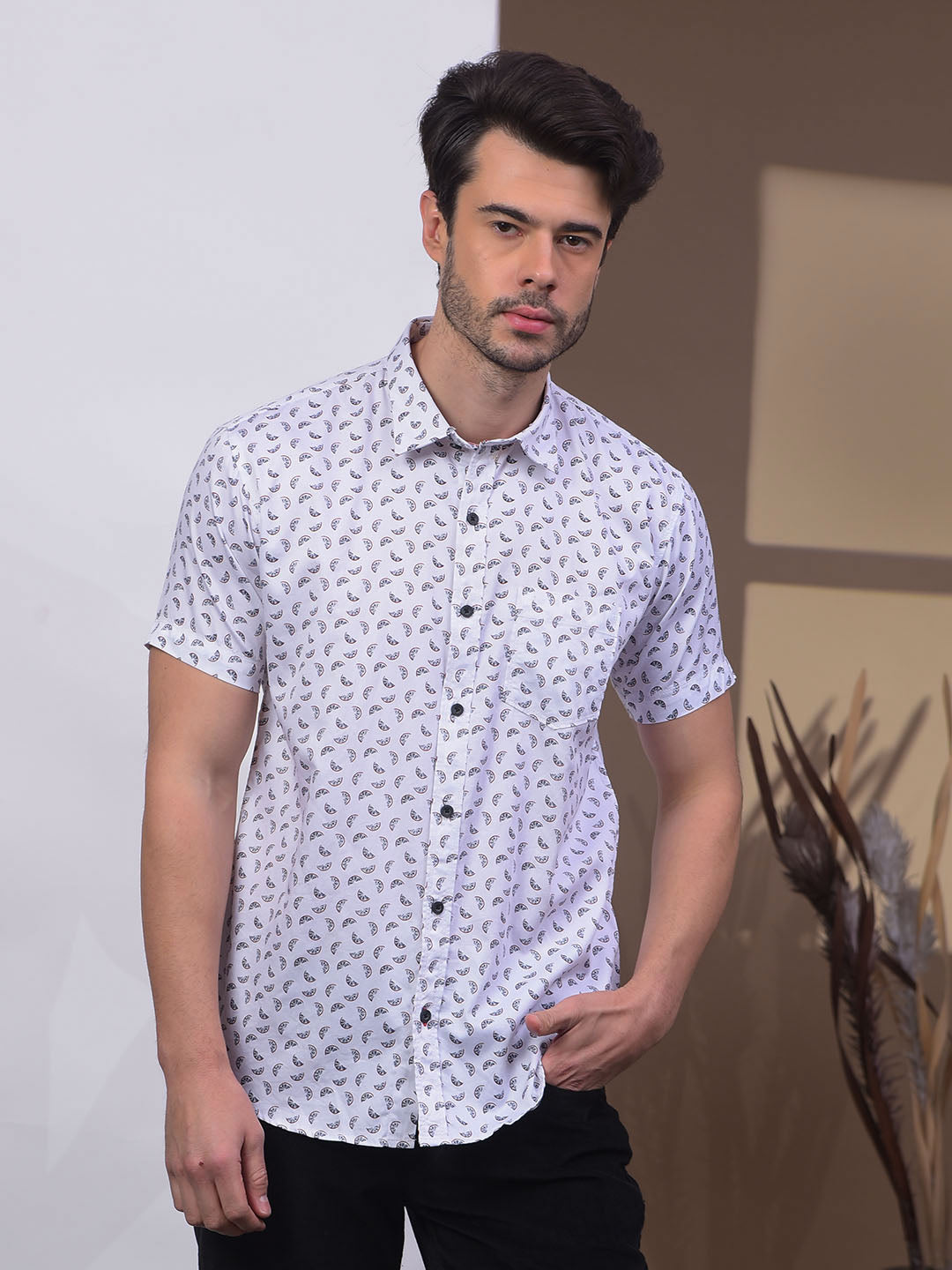 cobb white printed half-sleeve casual shirt