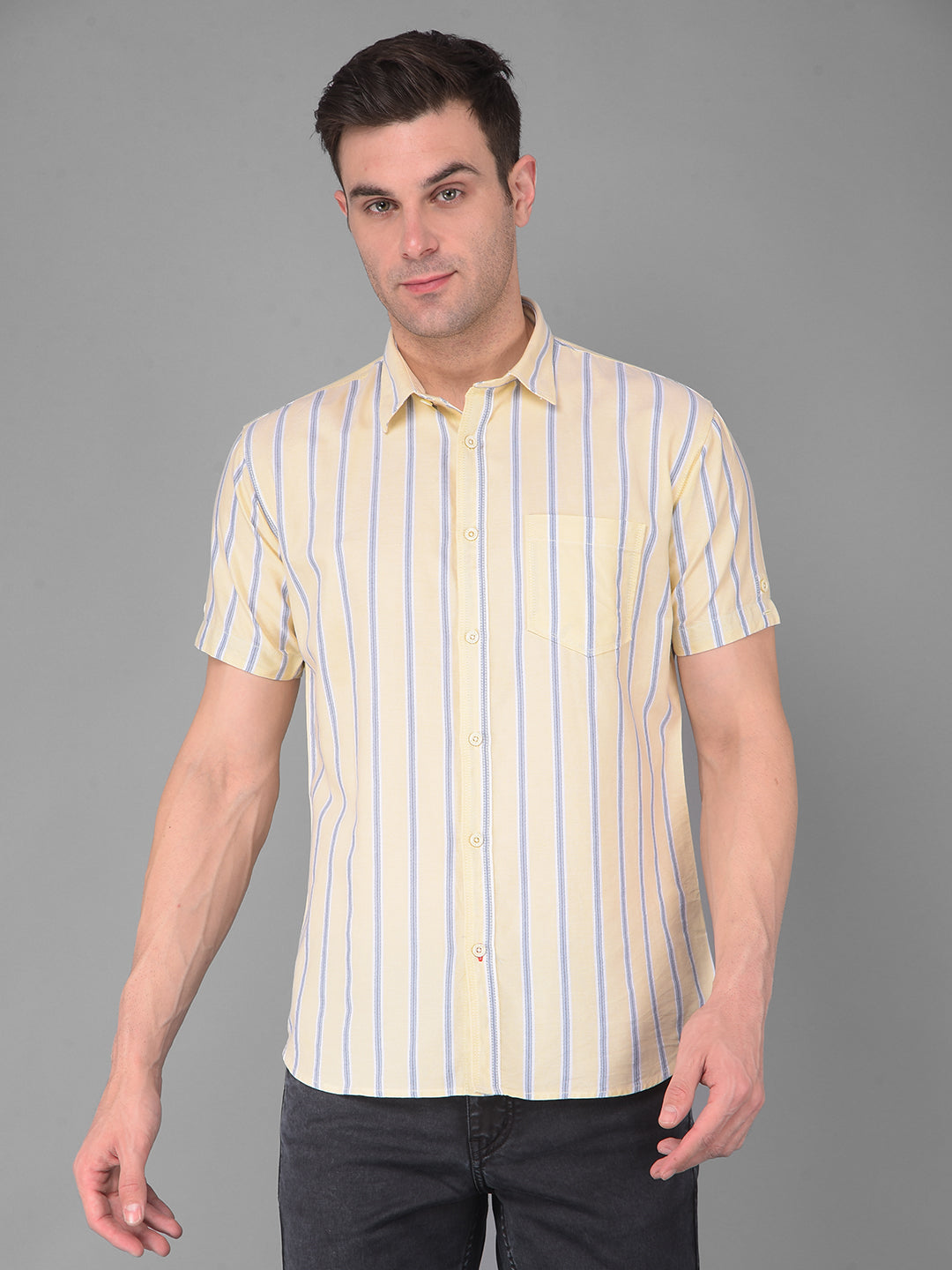 cobb lemon striped half-sleeve slim fit casual shirt