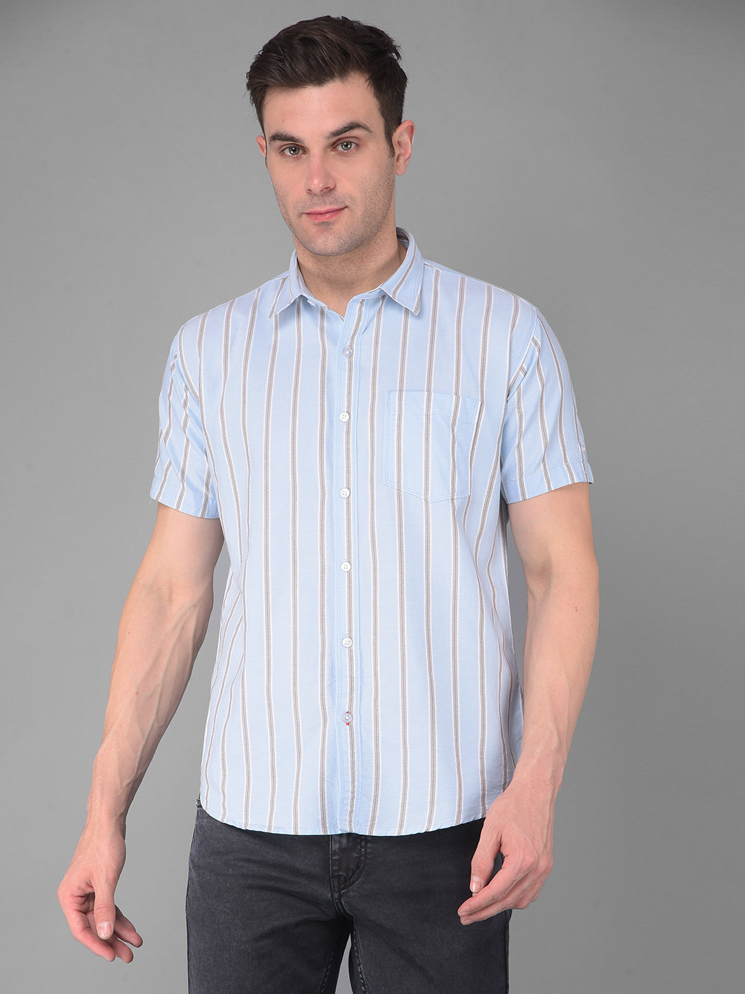 cobb sky blue striped half-sleeve slim fit casual shirt