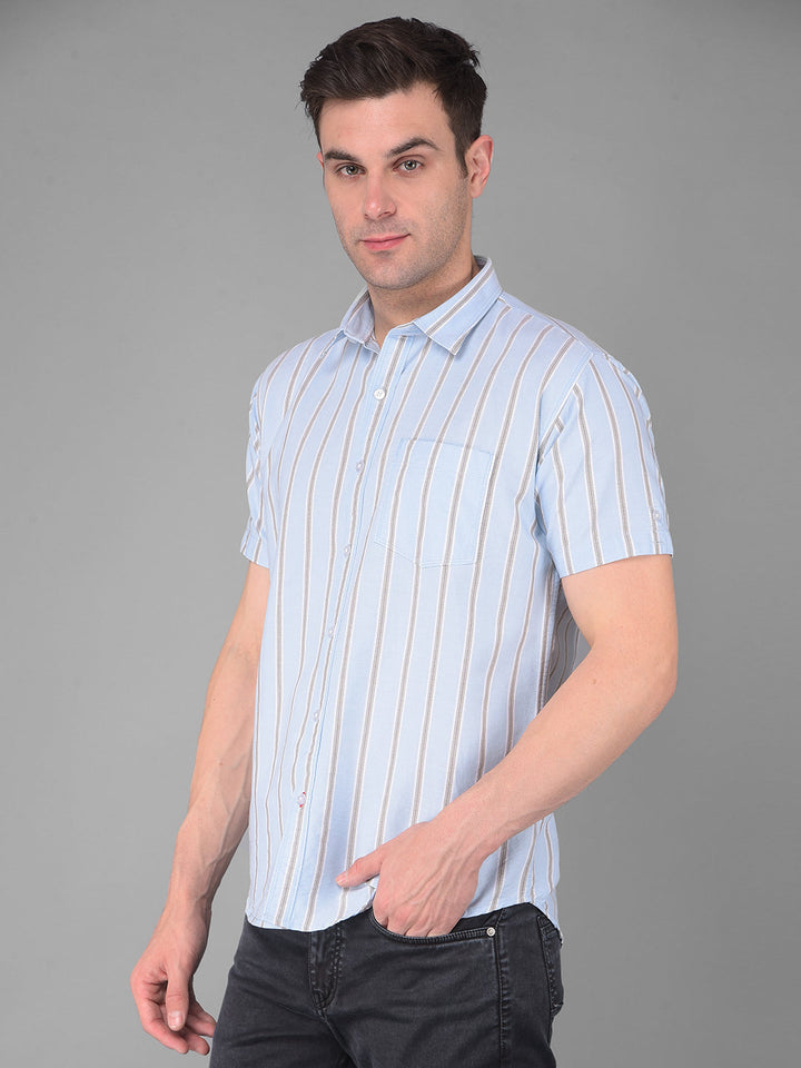 cobb sky blue striped half-sleeve slim fit casual shirt