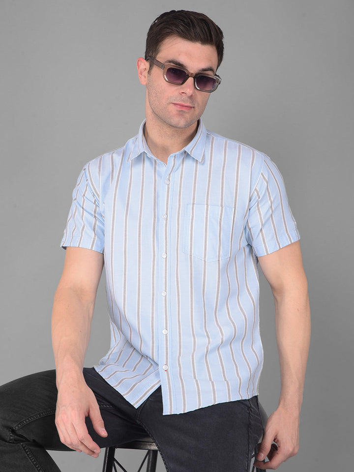 COBB SKY BLUE STRIPED HALF-SLEEVE SLIM FIT CASUAL SHIRT