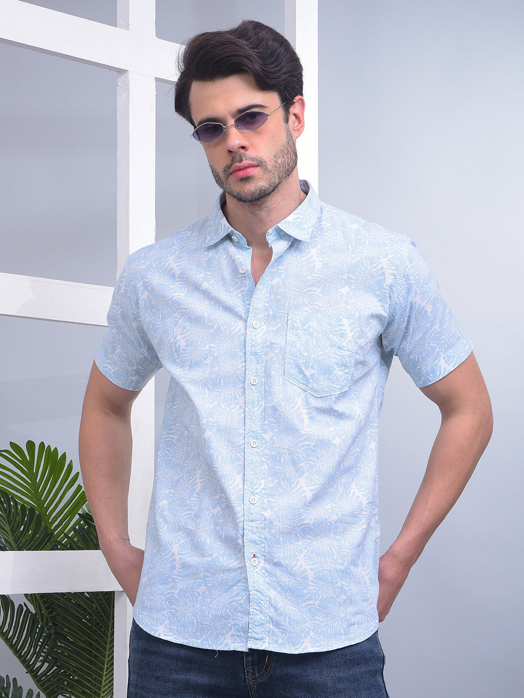 cobb sky blue printed half-sleeve casual shirt