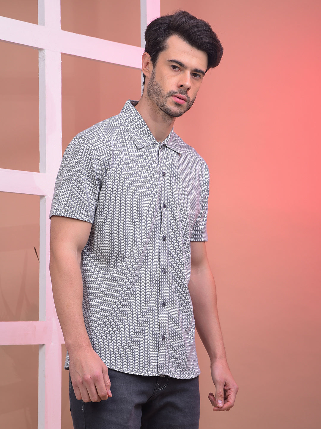 COBB GREY SELF-DESIGN HALF-SLEEVE CASUAL SHIRT