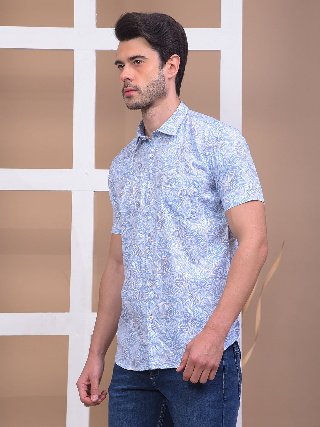 COBB SKY BLUE PRINTED HALF-SLEEVE CASUAL SHIRT