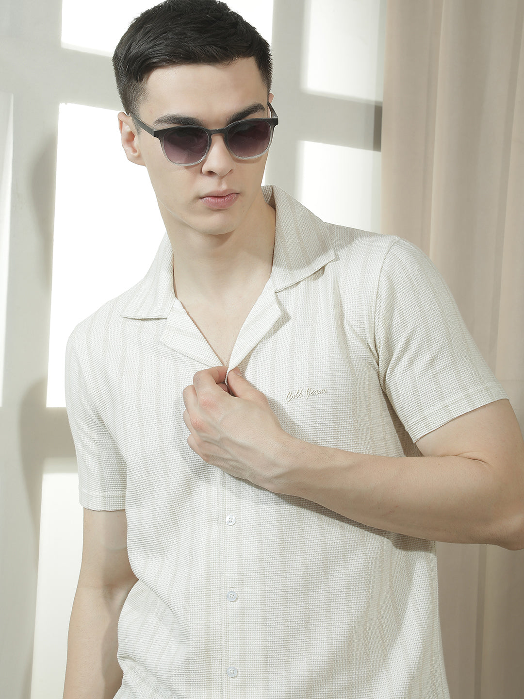 cobb beige striped half-sleeve casual shirt