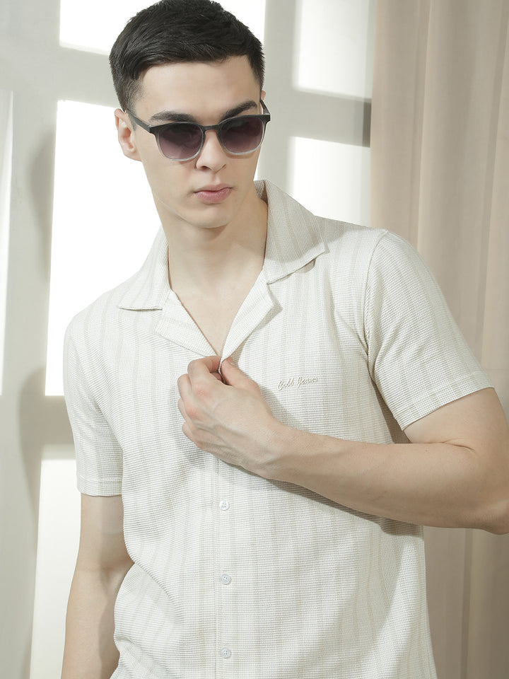 cobb beige striped half-sleeve casual shirt