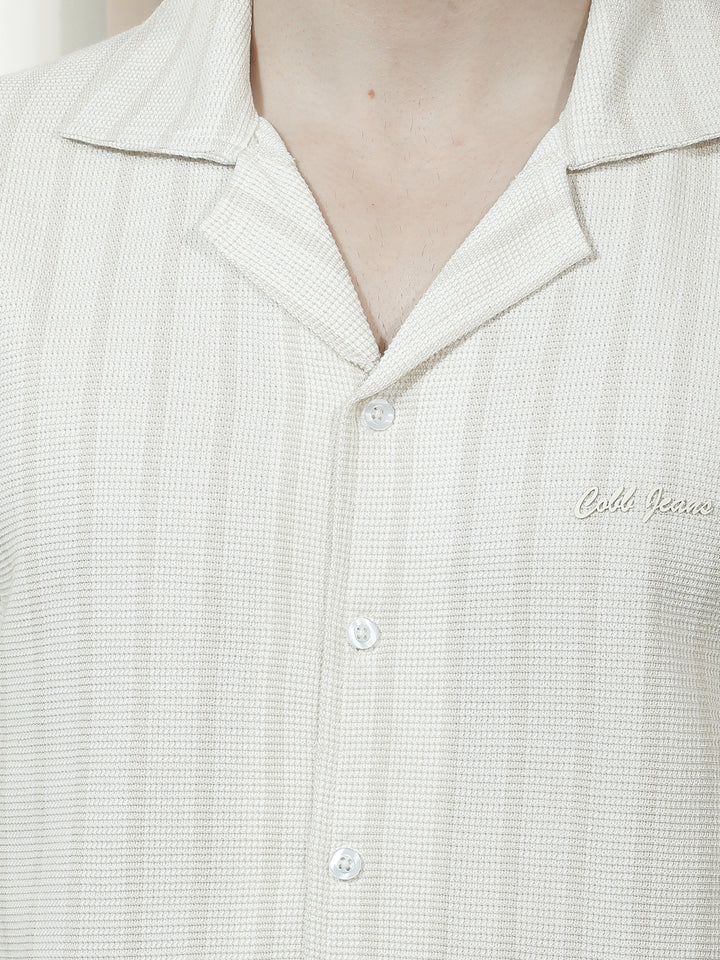 COBB BEIGE STRIPED HALF-SLEEVE CASUAL SHIRT