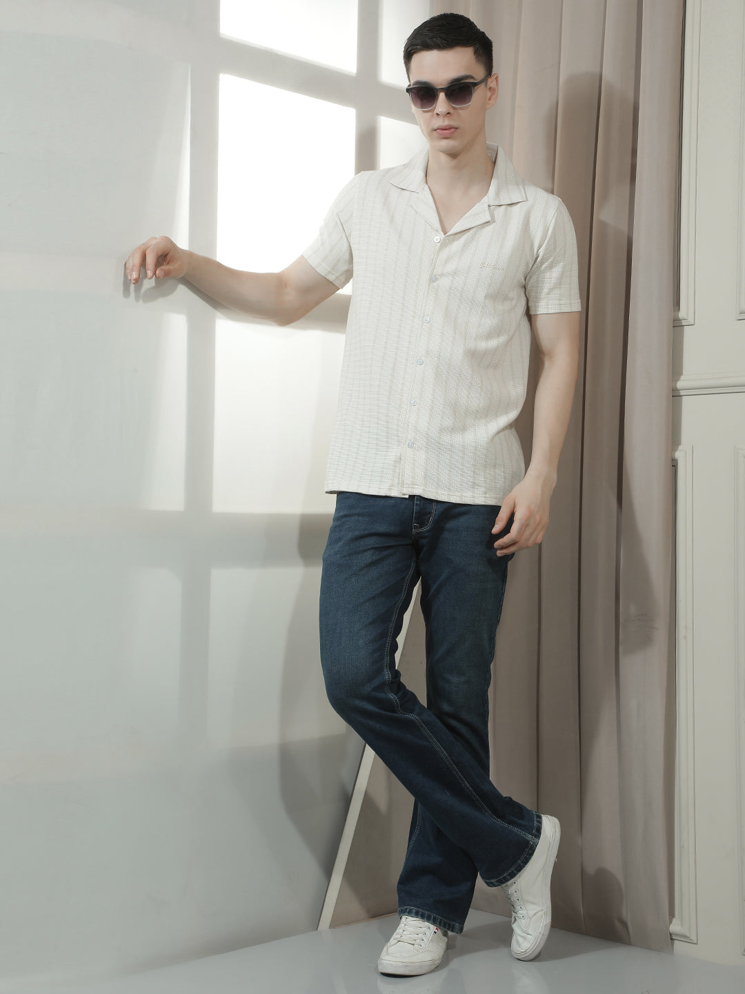 COBB BEIGE STRIPED HALF-SLEEVE CASUAL SHIRT