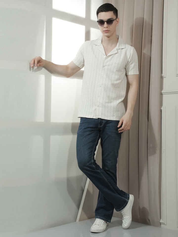 COBB BEIGE STRIPED HALF-SLEEVE CASUAL SHIRT