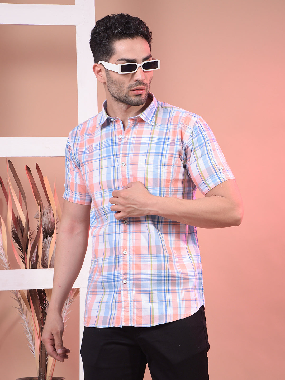 cobb peach checked half-sleeve casual shirt