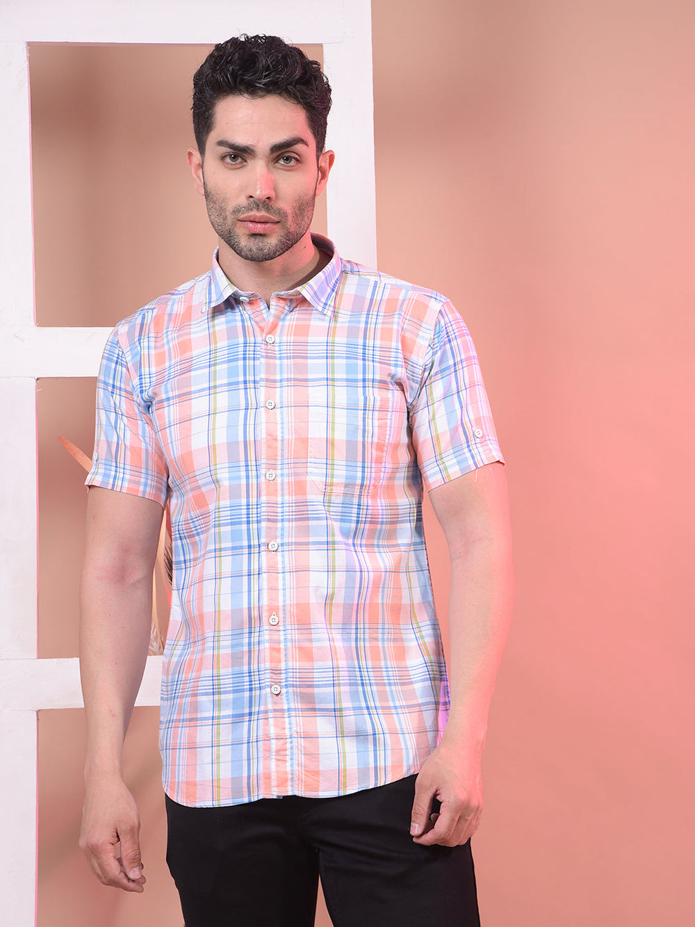 cobb peach checked half-sleeve casual shirt