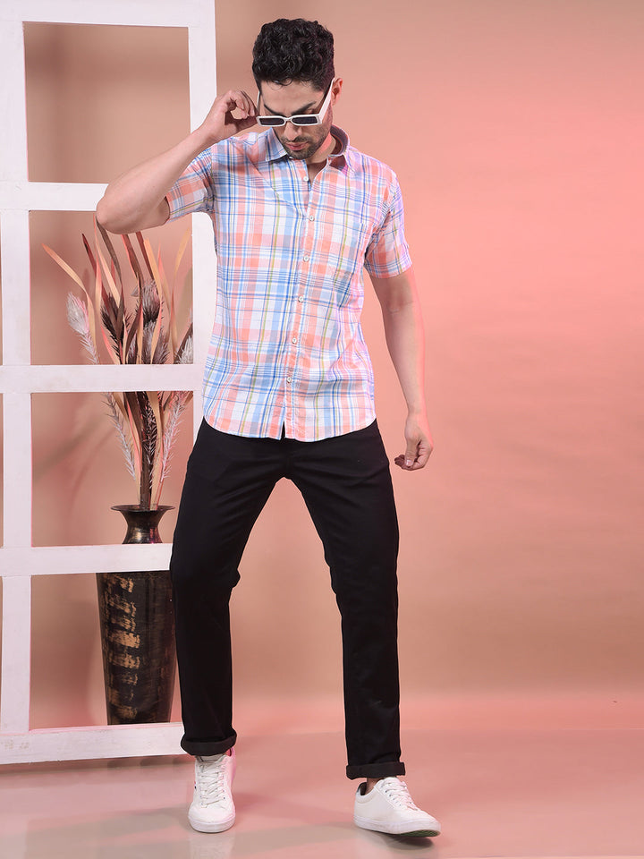 COBB PEACH CHECKED HALF-SLEEVE CASUAL SHIRT