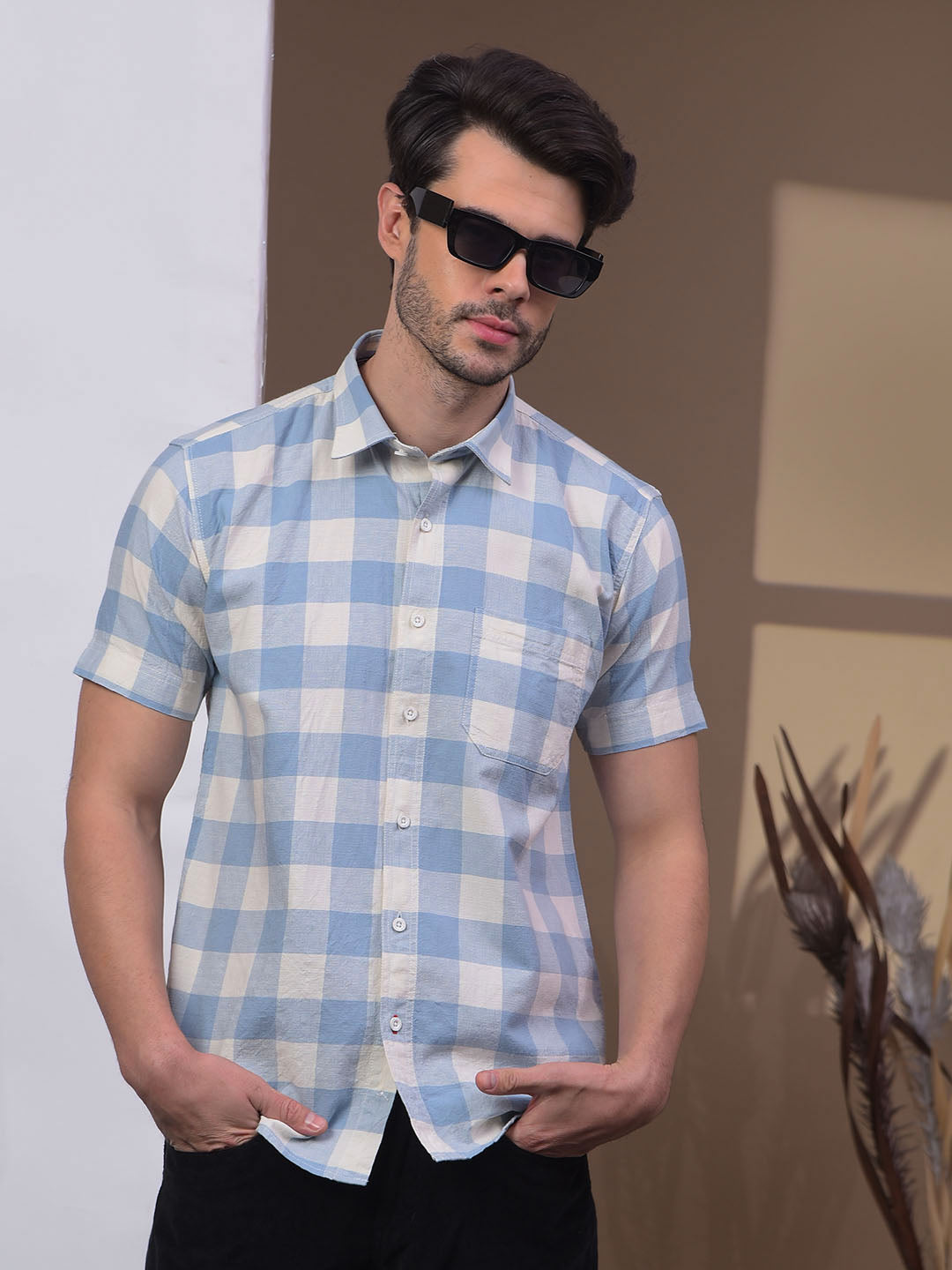 cobb sky blue checked half-sleeve casual shirt