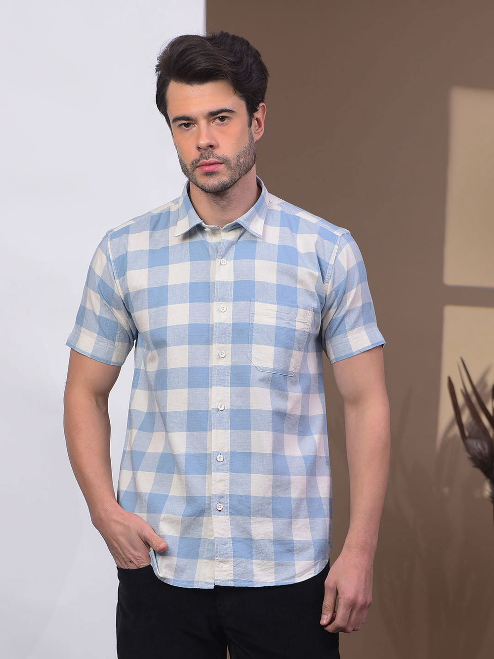 cobb sky blue checked half-sleeve casual shirt