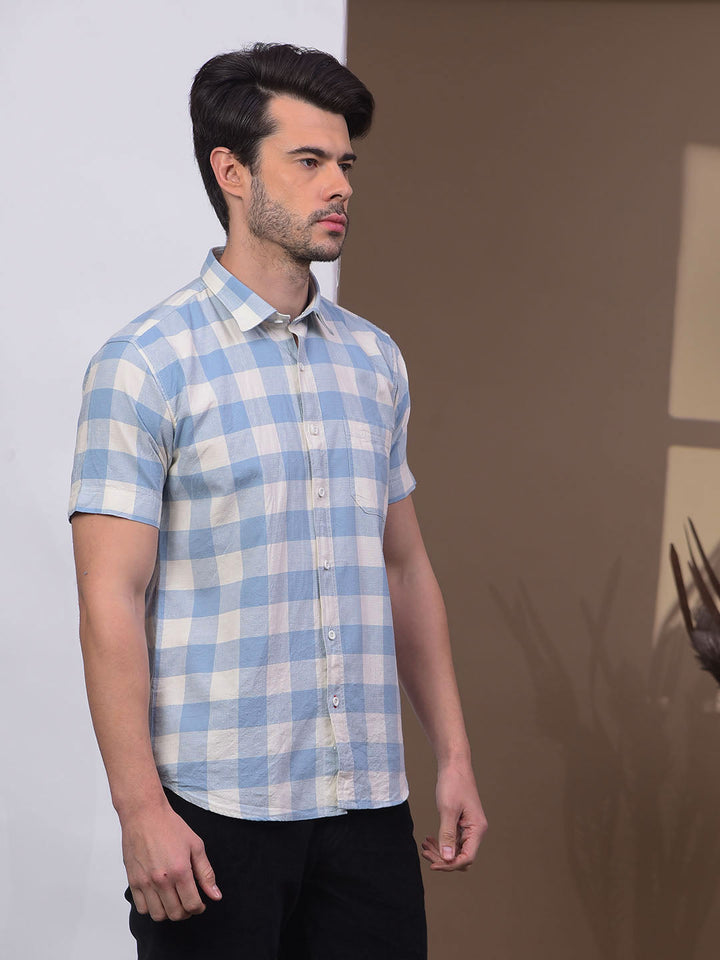 COBB SKY BLUE CHECKED HALF-SLEEVE CASUAL SHIRT