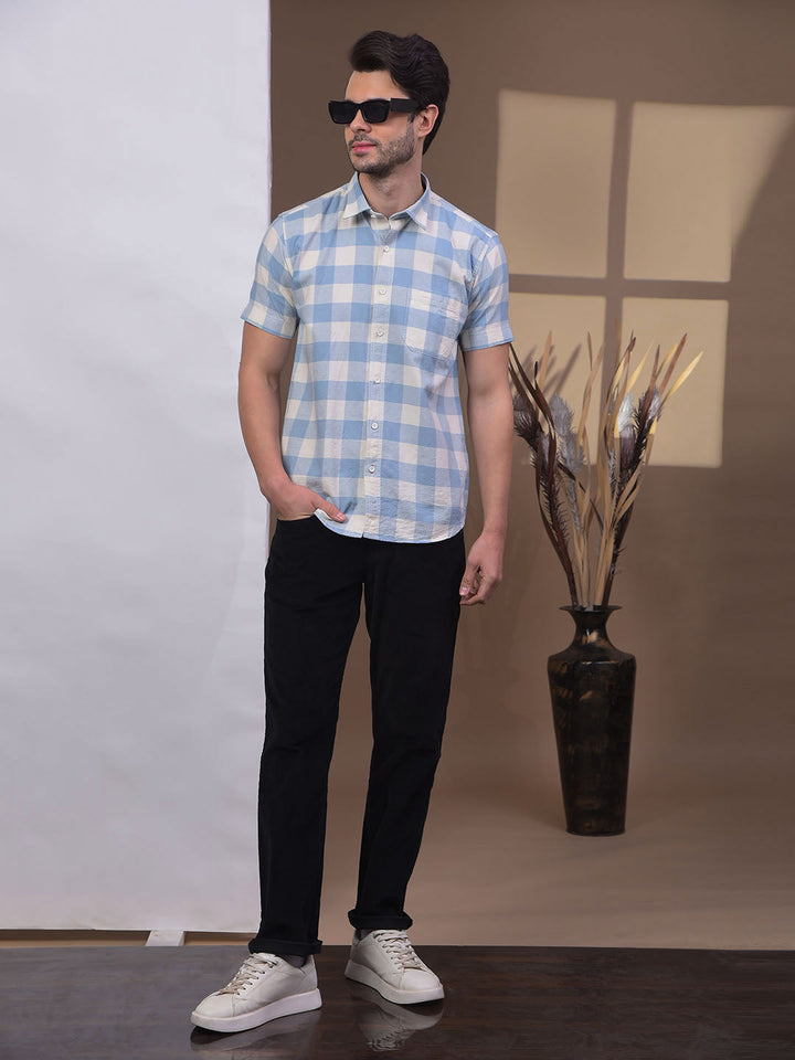 COBB SKY BLUE CHECKED HALF-SLEEVE CASUAL SHIRT