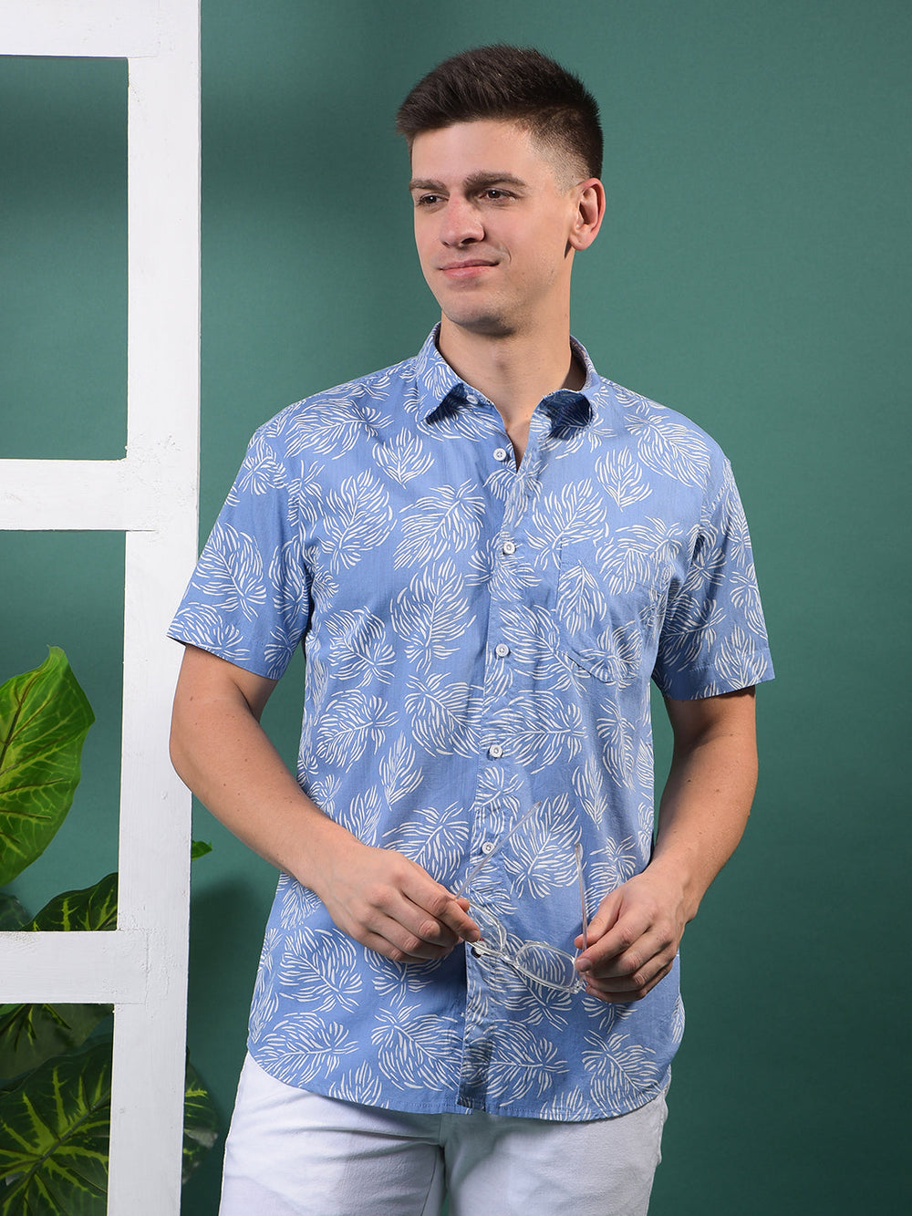 cobb cornflower blue printed half-sleeve casual shirt