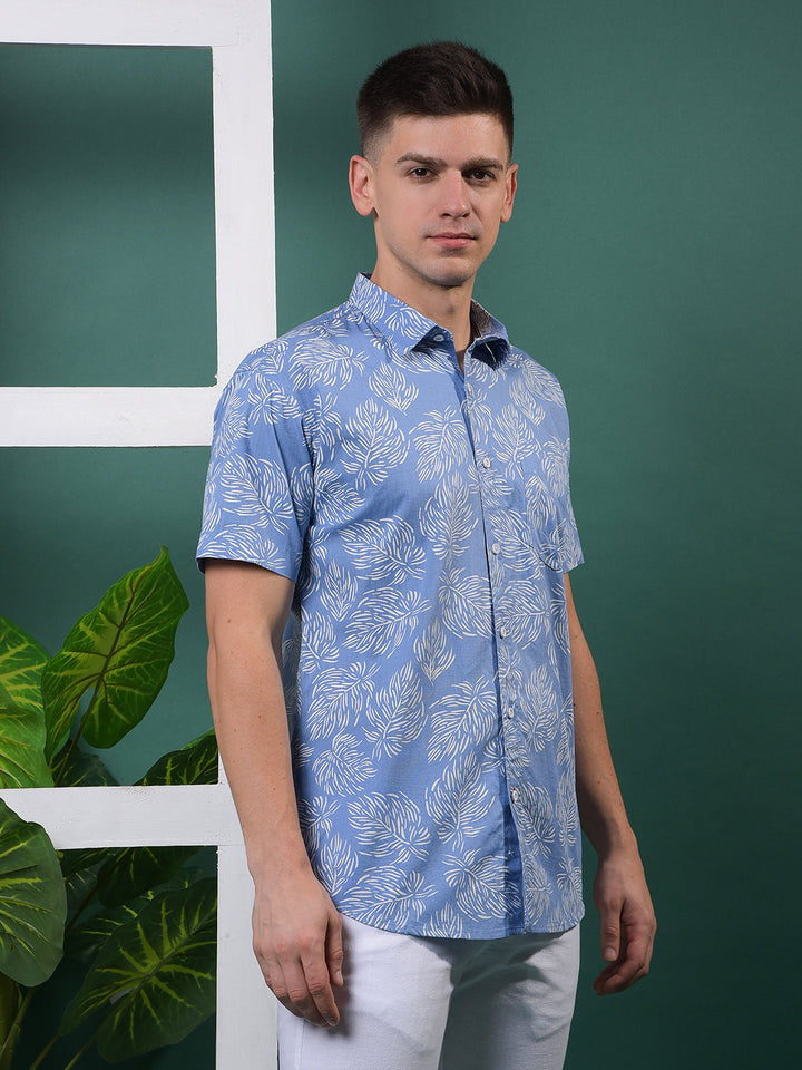 COBB CORNFLOWER BLUE PRINTED HALF-SLEEVE CASUAL SHIRT