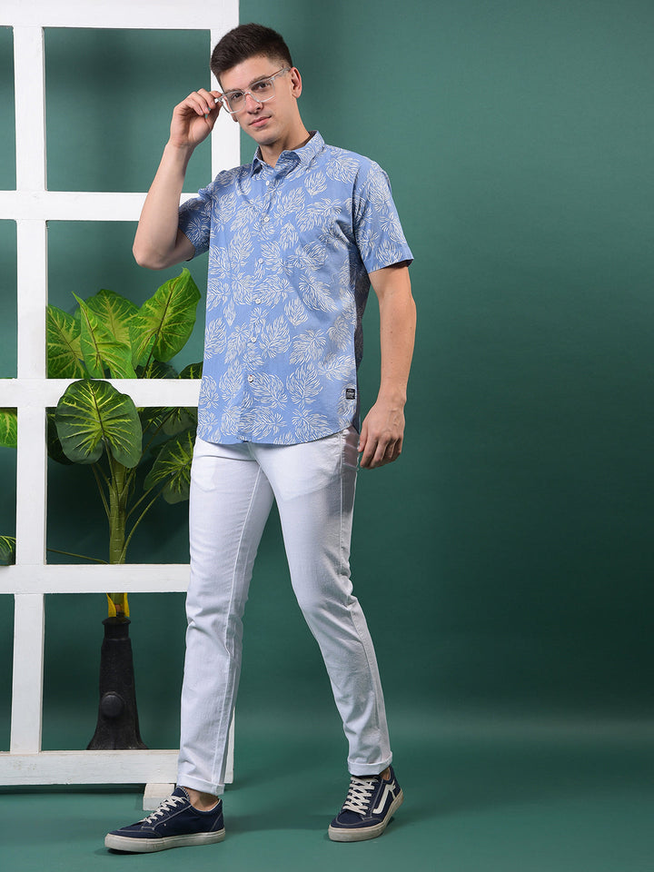 COBB CORNFLOWER BLUE PRINTED HALF-SLEEVE CASUAL SHIRT