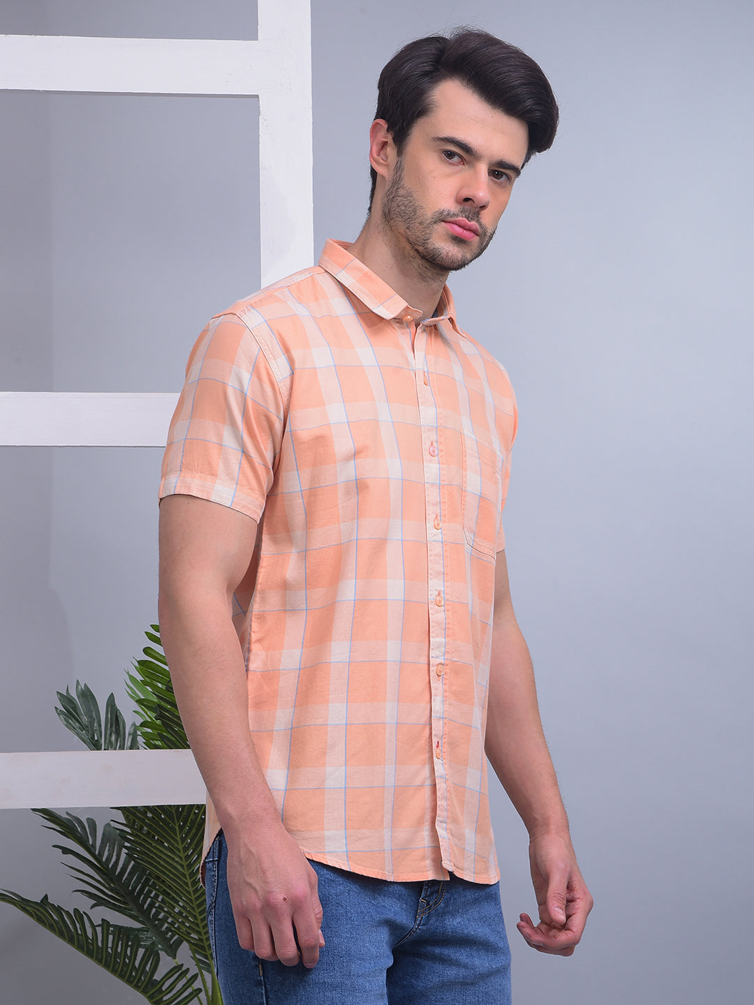 COBB ORANGE CHECKED HALF-SLEEVE CASUAL SHIRT