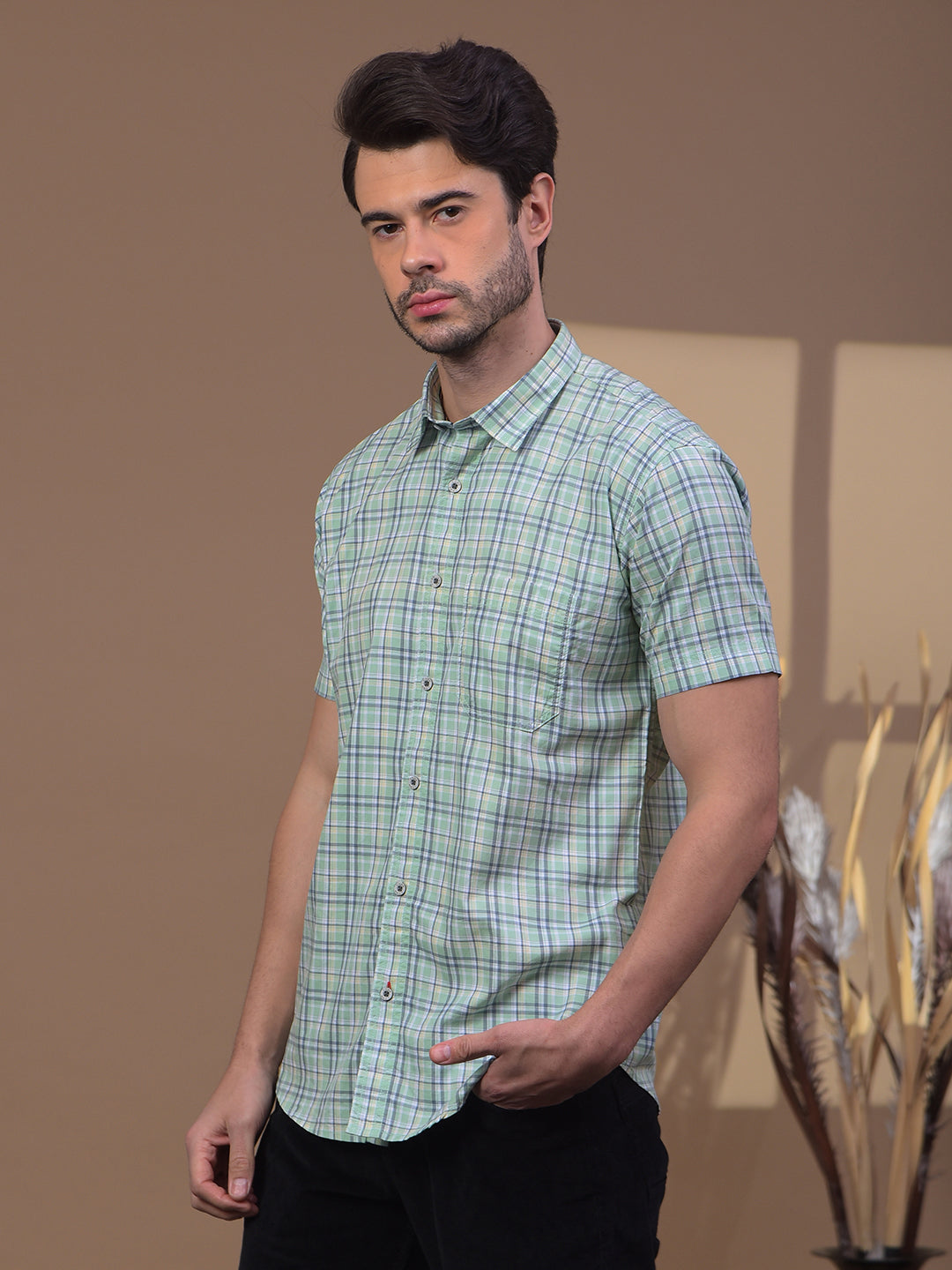 COBB GREEN CHECKED HALF-SLEEVE CASUAL SHIRT