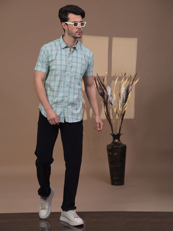 COBB GREEN CHECKED HALF-SLEEVE CASUAL SHIRT