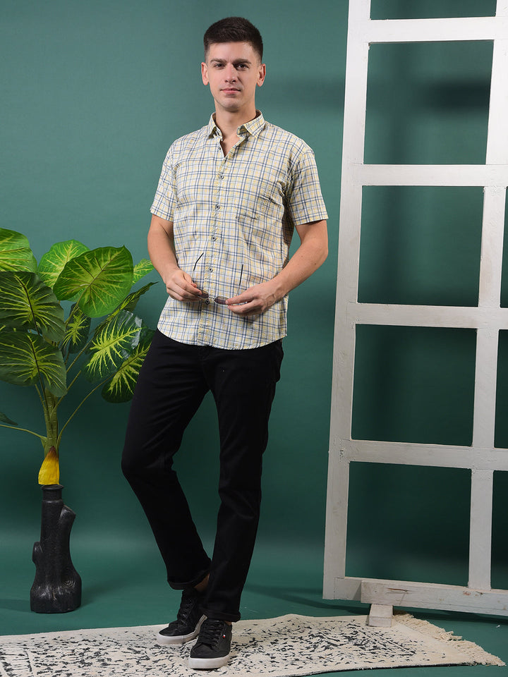 COBB YELLOW CHECKED HALF-SLEEVE CASUAL SHIRT