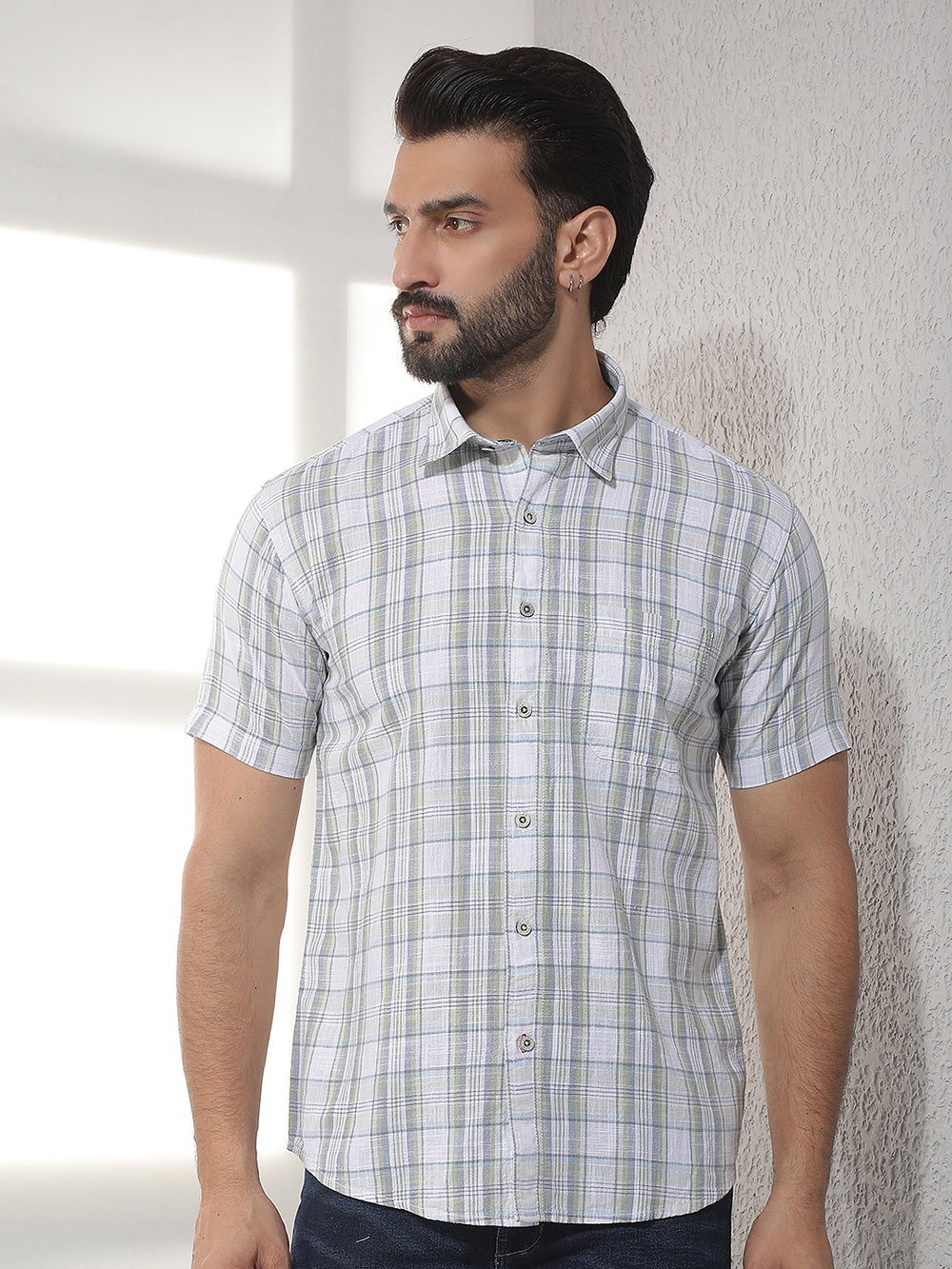 cobb green checked half-sleeve casual shirt
