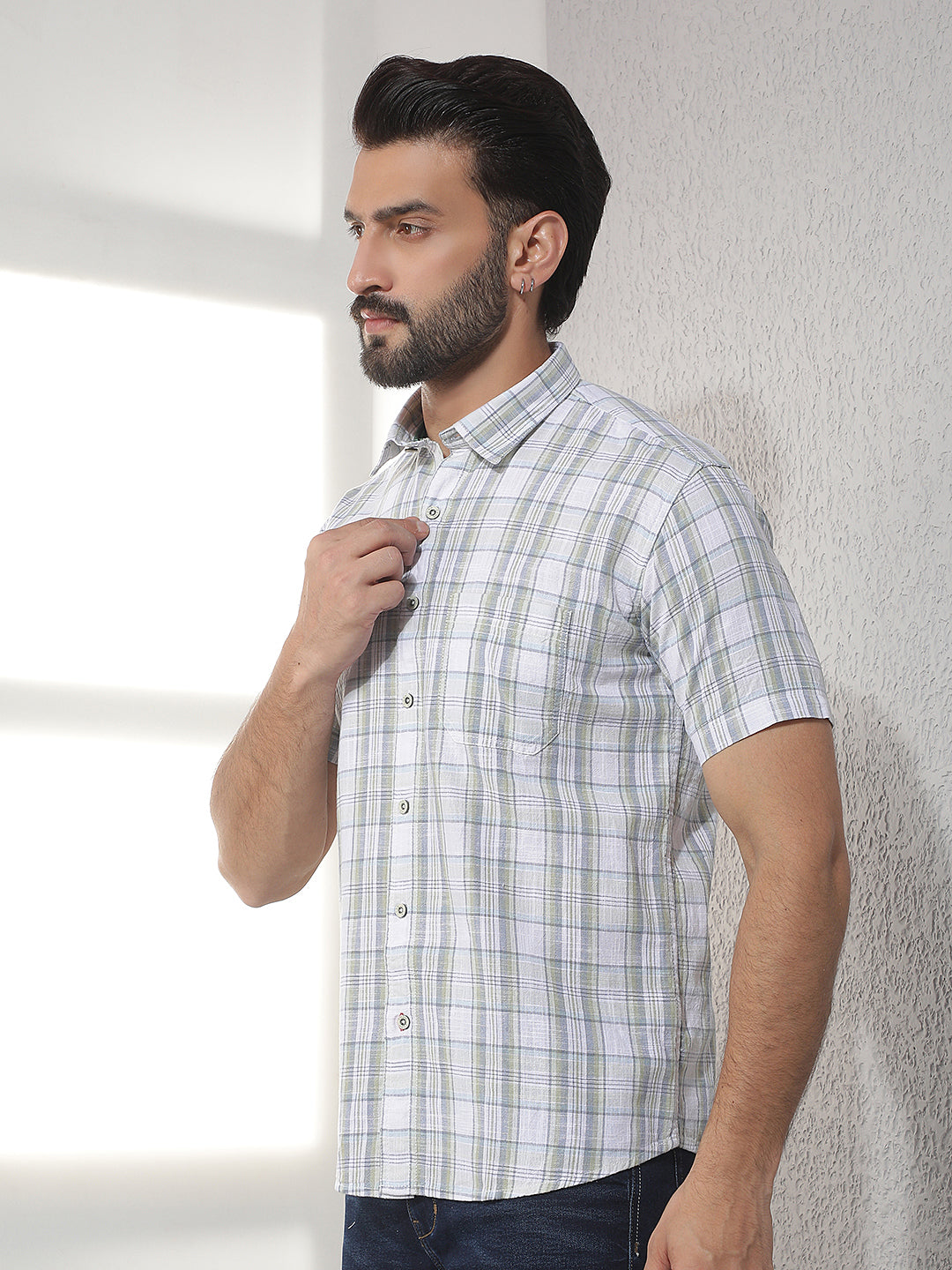 cobb green checked half-sleeve casual shirt