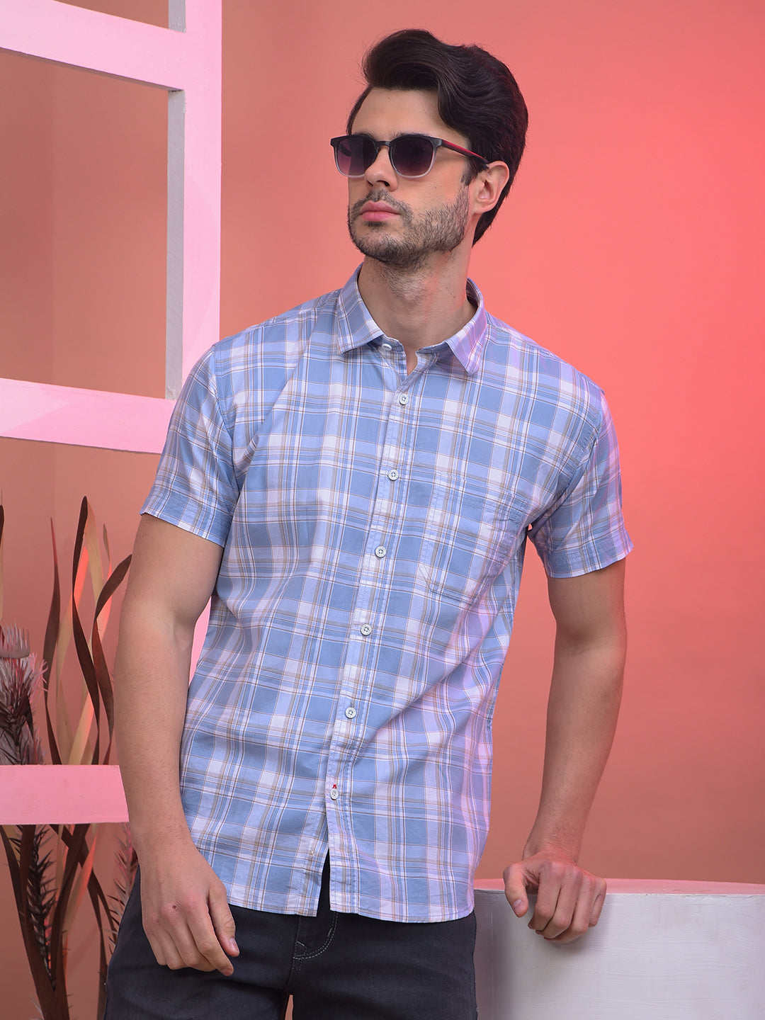 cobb cornflower blue checked half-sleeve casual shirt