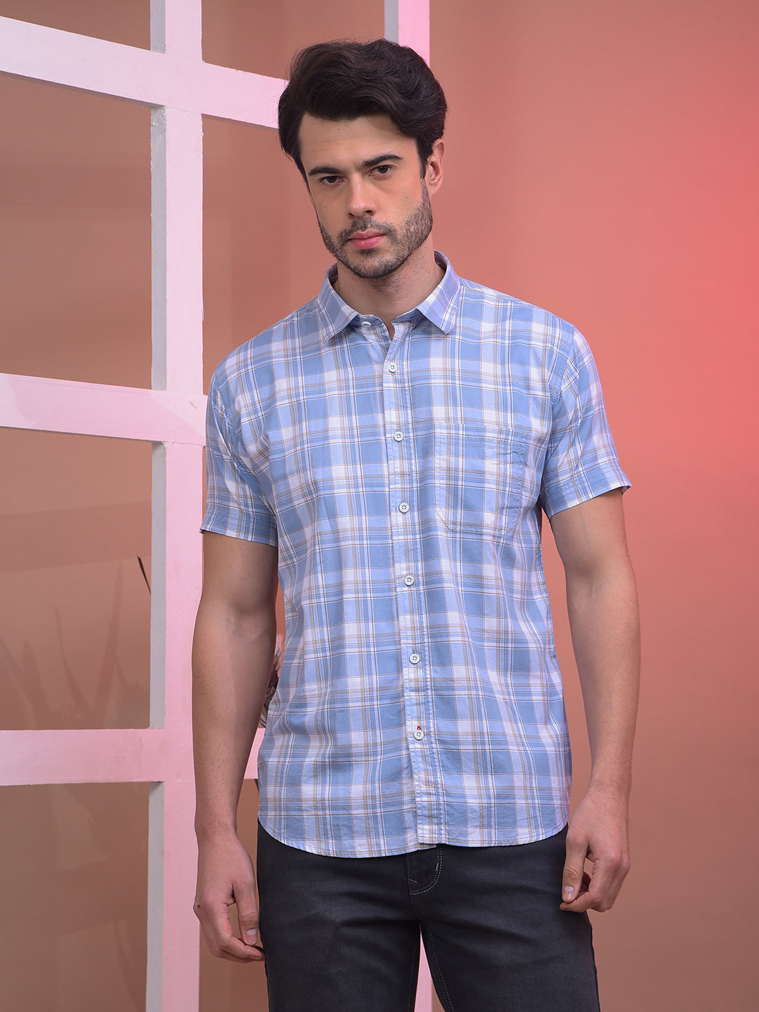 cobb cornflower blue checked half-sleeve casual shirt