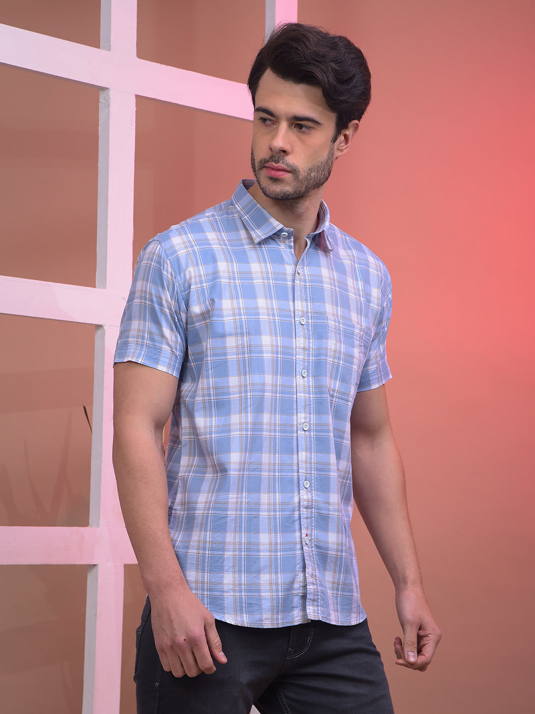 COBB CORNFLOWER BLUE CHECKED HALF-SLEEVE CASUAL SHIRT