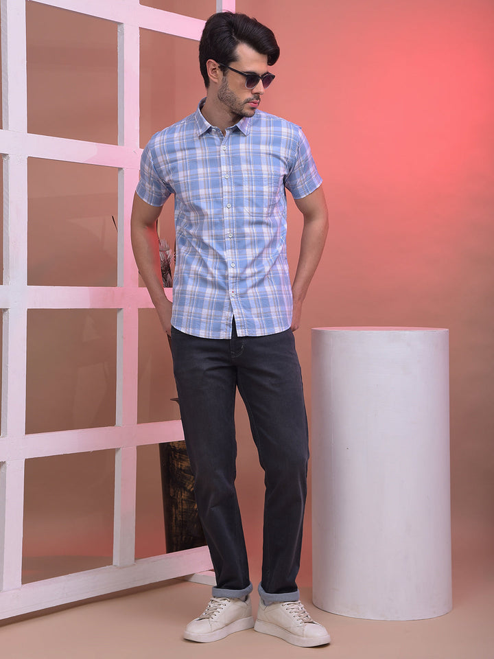 COBB CORNFLOWER BLUE CHECKED HALF-SLEEVE CASUAL SHIRT