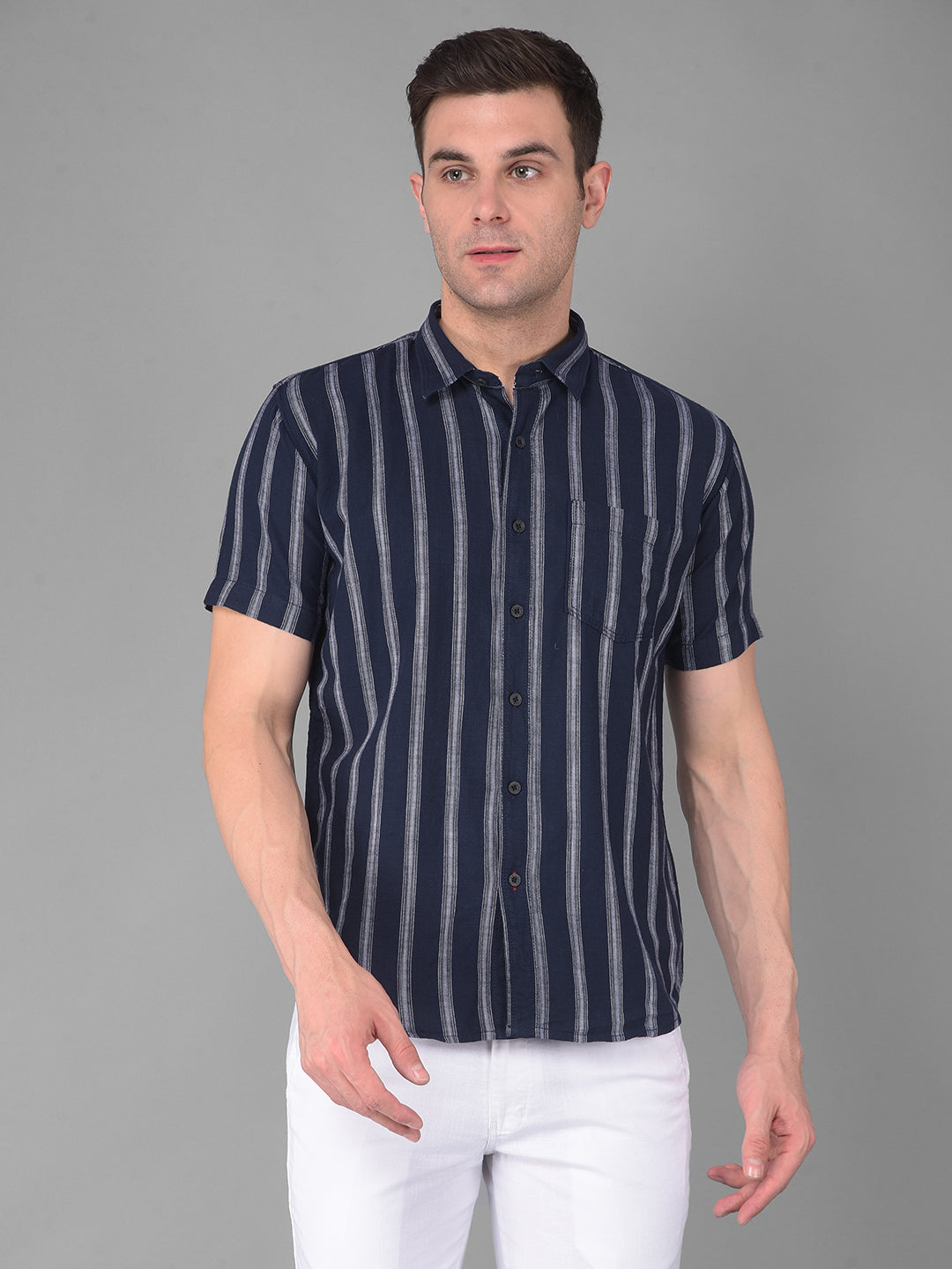cobb navy striped half-sleeve slim fit casual shirt