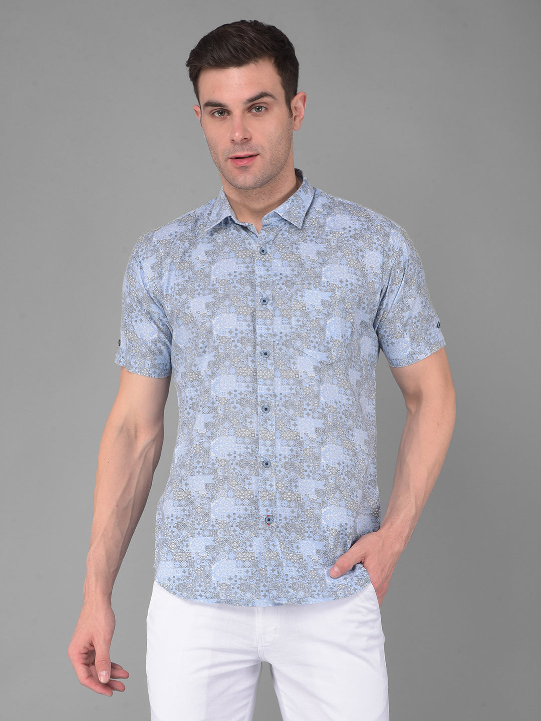 cobb sky blue printed half-sleeve slim fit casual shirt