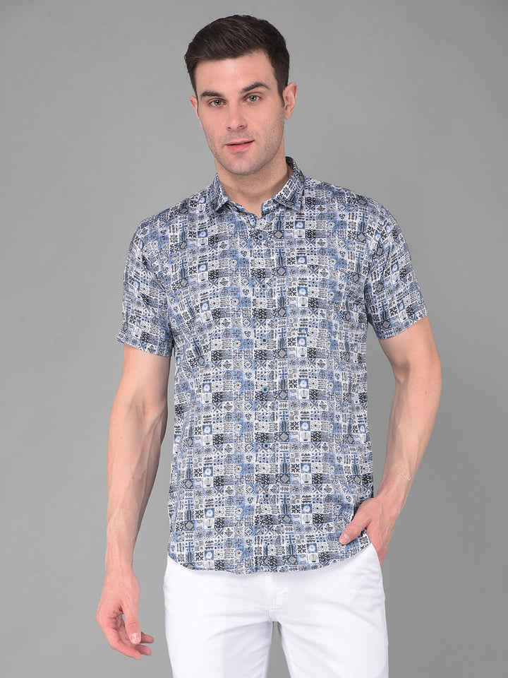 cobb blue printed half-sleeve slim fit casual shirt