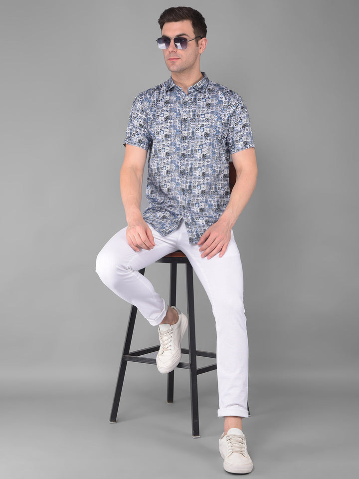 cobb blue printed half-sleeve slim fit casual shirt