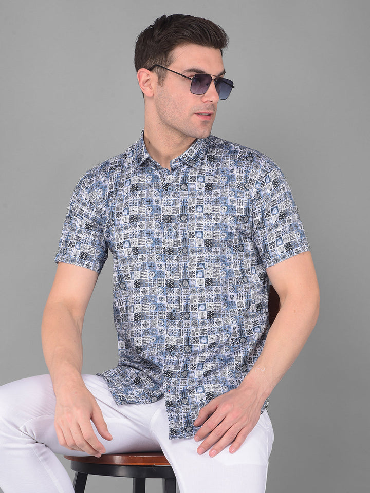 COBB BLUE PRINTED HALF-SLEEVE SLIM FIT CASUAL SHIRT