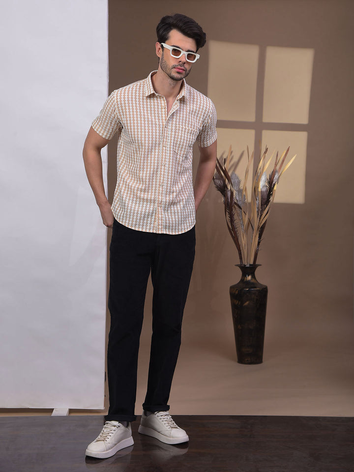 COBB BEIGE SELF-DESIGN HALF-SLEEVE CASUAL SHIRT