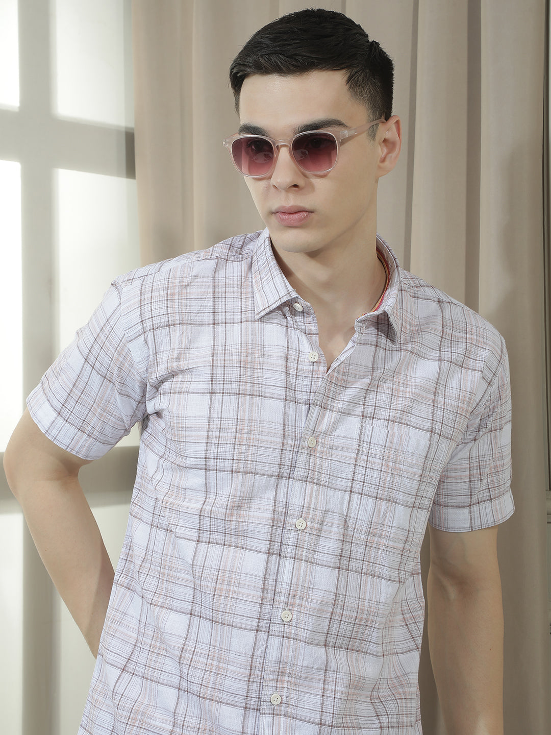 cobb pink checked half-sleeve casual shirt