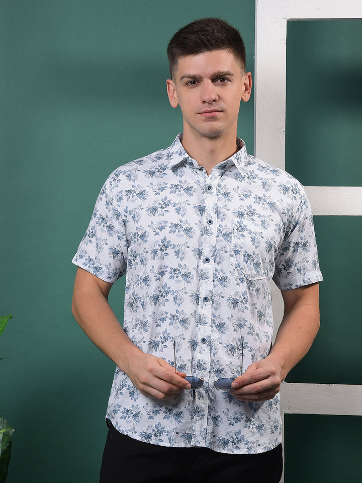 cobb aqua blue printed half-sleeve casual shirt